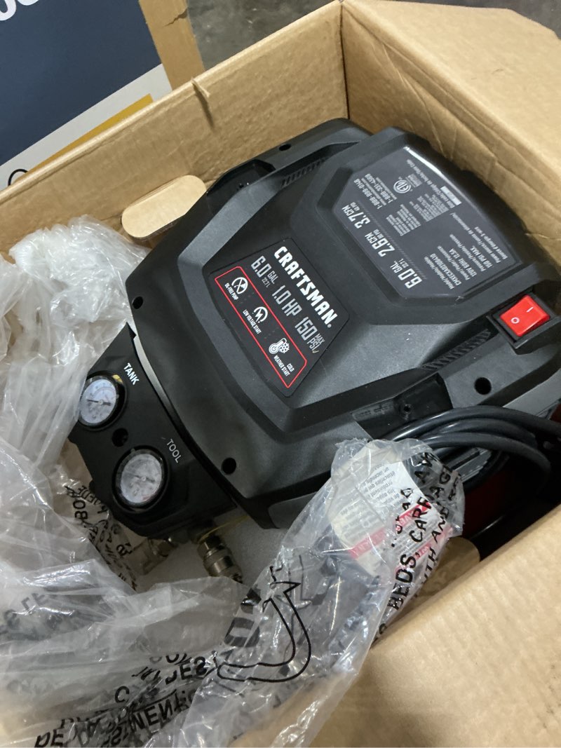 Condition photo showing As Is for (missing  handle)craftsman 6-gallon portable electric 150 psi pancake air compressor