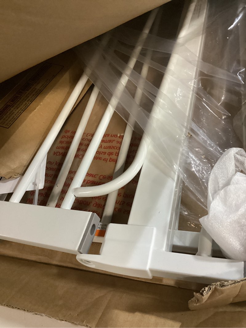 Condition photo showing As Is for regalo safety 38" baby gate for doorways & bottom of stairs, pressure mount design for babies, toddlers & pets, tested & safe for 30 years, american designed, american owned, white white 29-38.5"w x 30"h