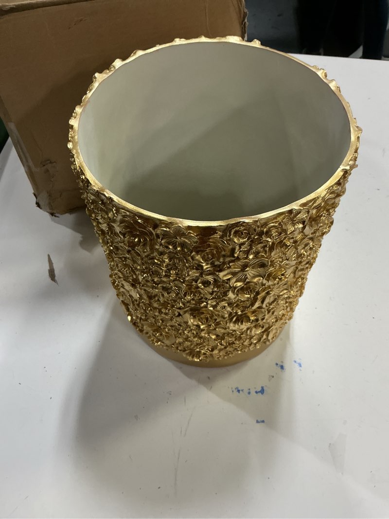Condition photo showing Good Condition for Decorative Glod Trash Can Elegant Resin Carved Waste Basket 8"x10" Trash Bin Decor Rose Floral Garbage Can for Office Bathroom,Bedroom,Livingroom 8L/2.2Gallon(Gold)