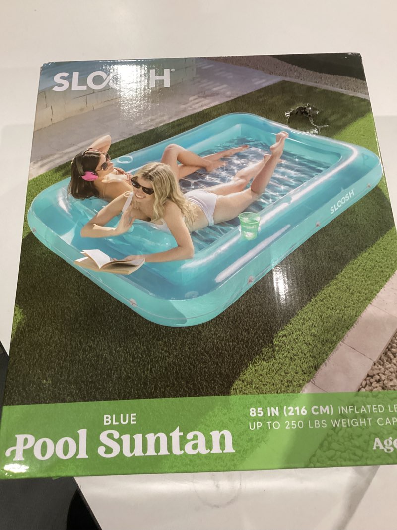 Condition photo showing New/Like New for SLOOSH Inflatable Tanning Pool Lounger Float, 85" x 57" Extra Large Pool Floats Adult with Pillow, 4 in 1 Suntan Tub Raft Floatie,Sunbathing Bed Lounge for Water Blow Up Ball Pit Party Gifts, XL-Blue