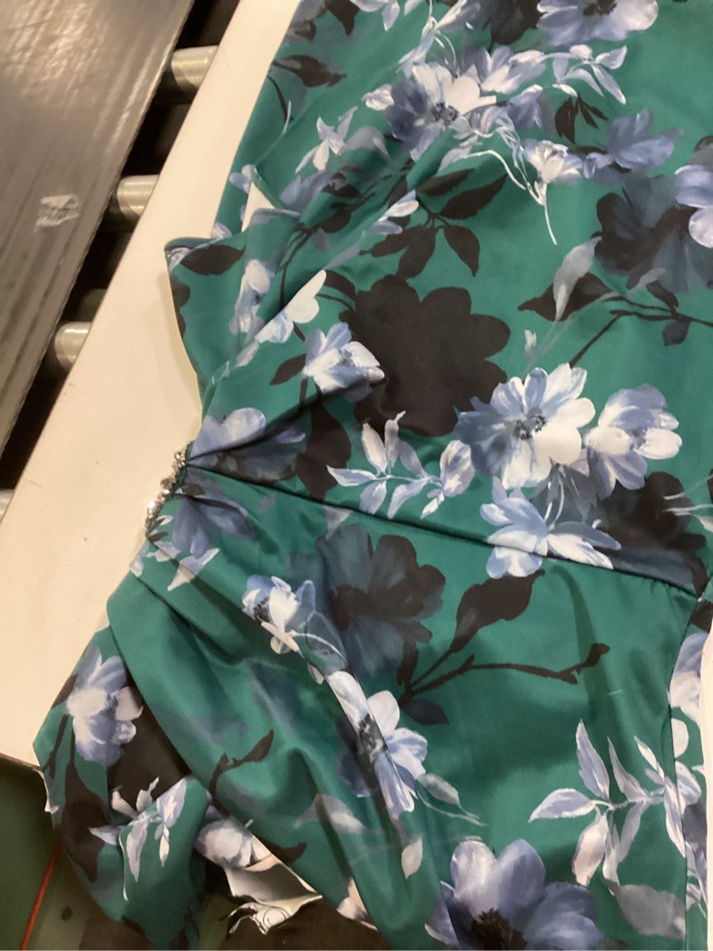 Condition photo showing New/Like New for alex evenings women's slimming short ruched dress with ruffle (petite and regular) 6 teal multi floral