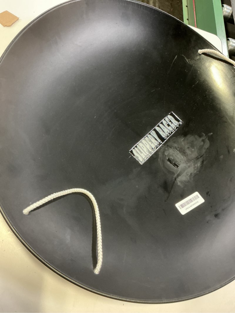 Condition photo showing As Is for Slippery Racer ProDisc 26 Inch Heavy Duty Aluminum Iron Alloy Metal Kids Winter Saucer Snow Sled with Dual Riveted Soft Grip Rope Handles BLACK