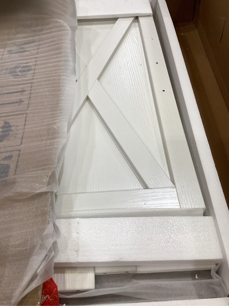 Condition photo showing As Is for farmhouse coffee bar cabinet, coffee bar table with sliding barn door, kitchern coffee bar with adjustable shelves for dining room, living room white