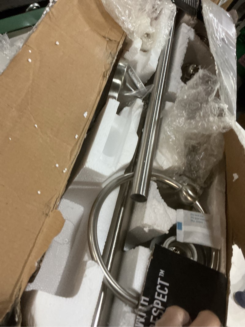 Condition photo showing New/Like New for globe electric 50700 3-light vanity all-in-one bathroom set, 5 piece brushed steel finish, 70, bulb not included