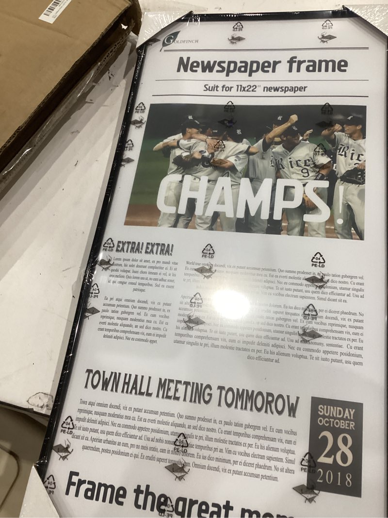 Condition photo showing Good Condition for goldfinch 2 packs, 11x22 newspaper frame to hold assorted media, article cover frame with polished plexiglass, includes installed wall hangers (2, black) black 2