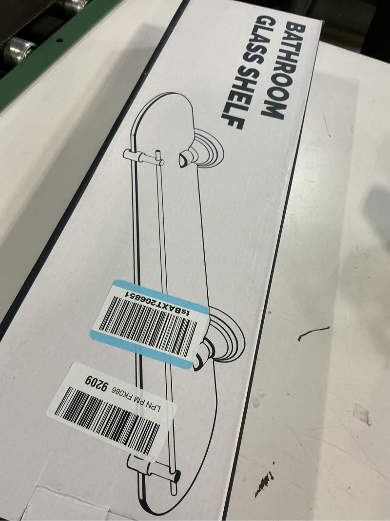 Condition photo showing Good Condition for Glass Shelf for Bathroom, 20 Inch Glass Floating Shelves for Wall, Glass Bathroom Shelves with Stainless Steel guardrail (Brushed Nickel)