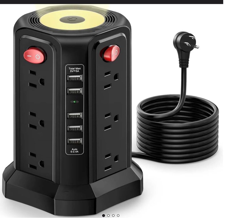 10ft Extension Cord With 12 Ac Multiple Outlets, Surge Protector Power Strip Tower With 5 Usb Ports And Night Light, Passus Power Tower Overload Protection For Home Office Dorm Room Essentials(black)