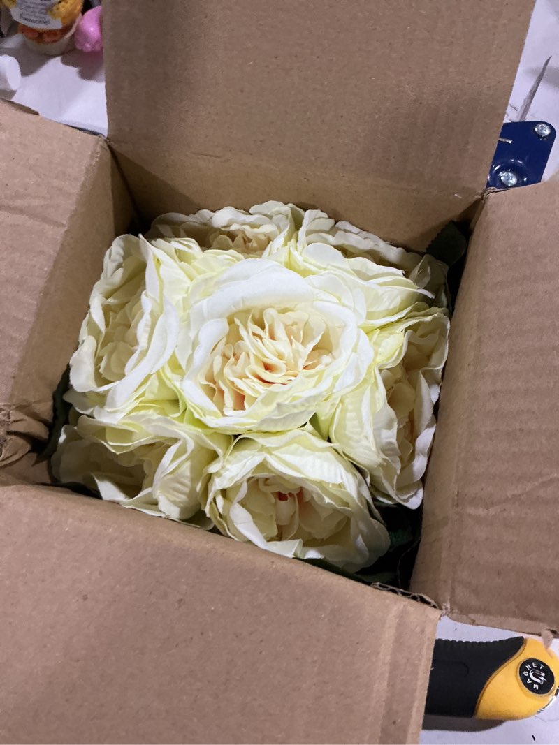 Condition photo showing New/Like New for artificial peony silk flower centerpieces faux floral arrangement in glass vase for home wedding table decoration (champagne)