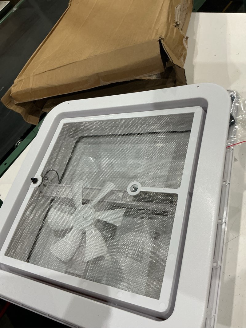 Condition photo showing As Is for 14" rv trailer roof vent complete 12 volt fan w/white lid and interior garnish brand: unknown