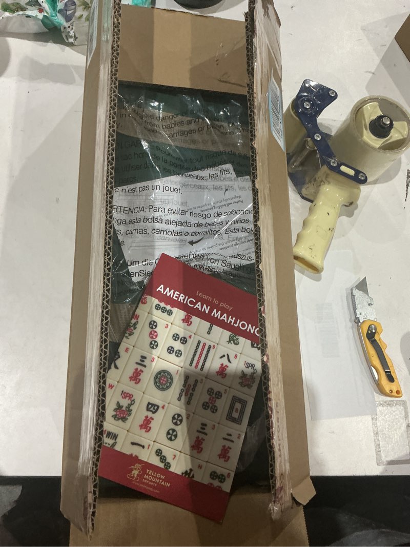 Condition photo showing As Is for yellow mountain imports american mahjong set, huntington with 166 melamine mahjong tiles, mineral green soft case - 4 all-in-one racks with pushers, scoring coins, dice, and wind indicator