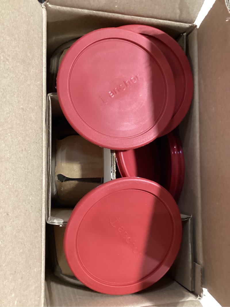 Condition photo showing As Is for Anchor Hocking 26 Piece Glass Storage Containers with Lids (13 Glass Food Storage Containers & 13 Red SnugFit Lids) Red 26 Piece Set