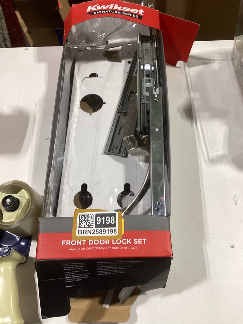 Condition photo showing As Is for Kwikset Henley Matte Black Exterior Single-Cylinder Deadbolt and Keyed Entry Door/ Missing most parts