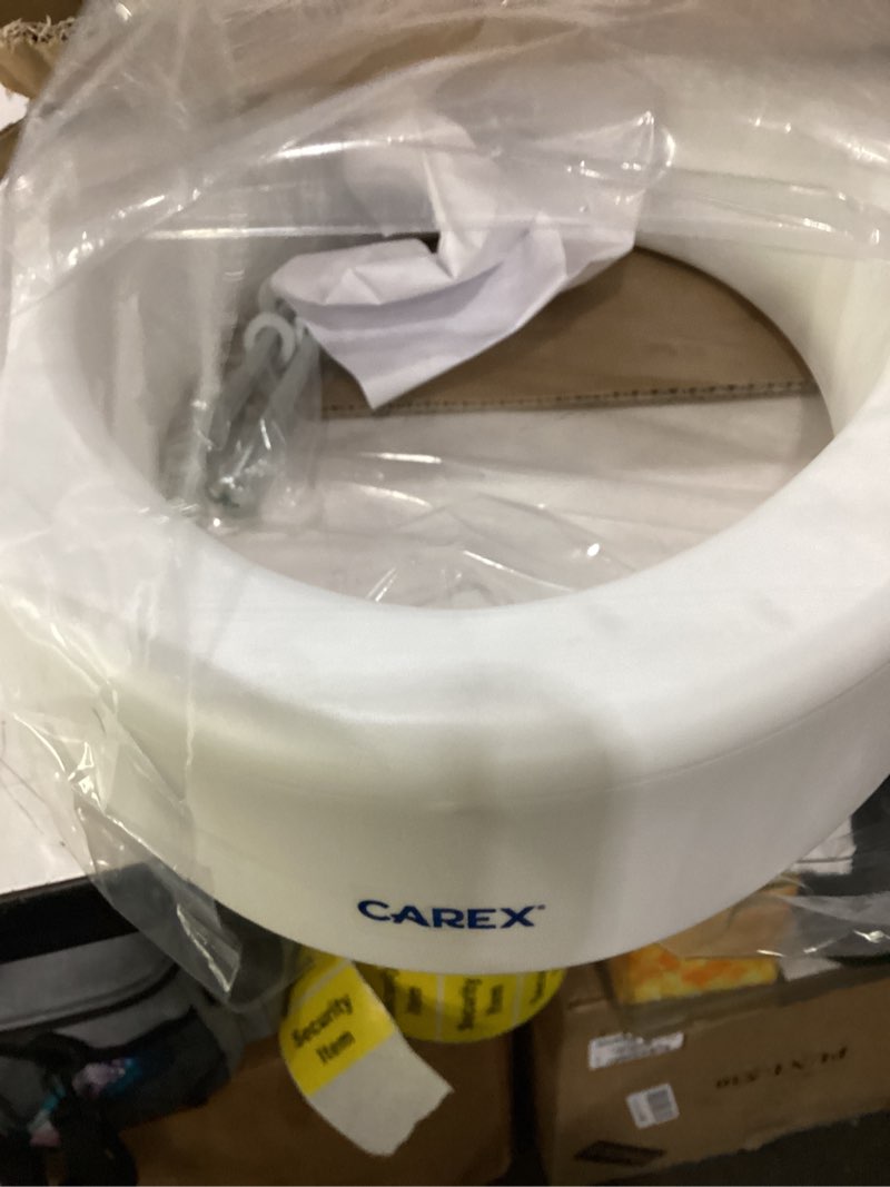 Condition photo showing As Is for carex toilet seat riser, elongated raised toilet seat adds 3.5 inches to toilet height, for assistance bending or sitting, 300 pound weight capacity toilet riser