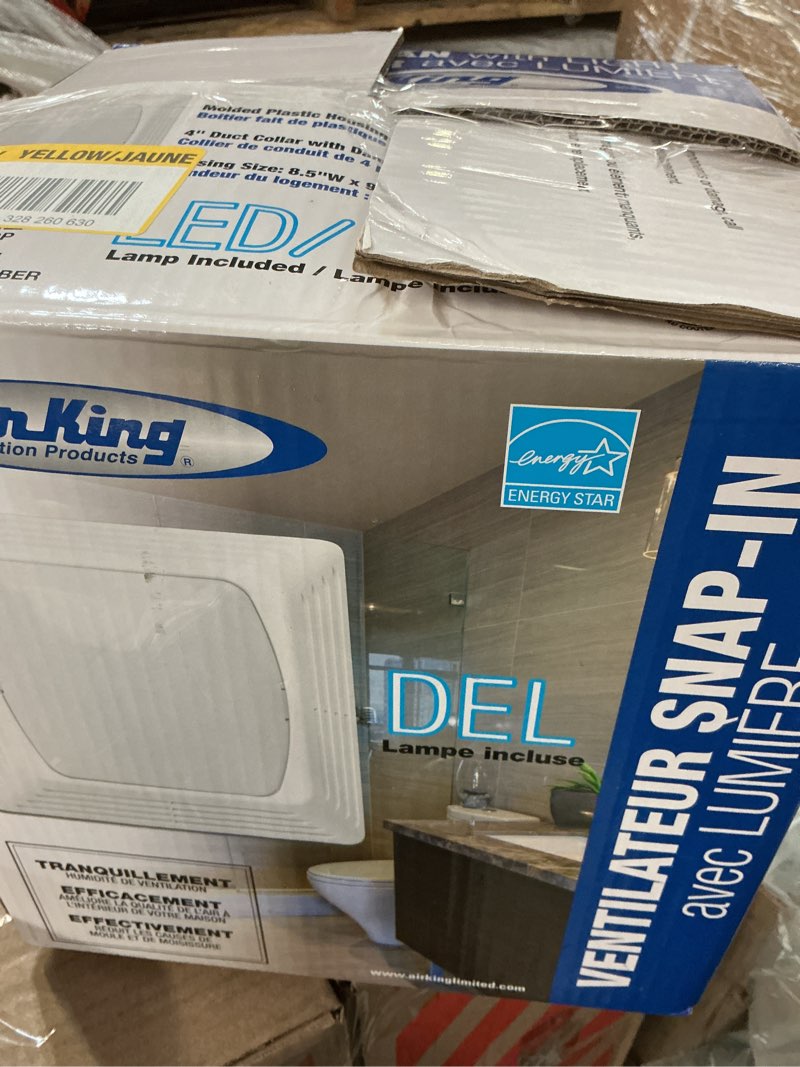 Condition photo showing As Is for energy star certified snap-in installation quiet 50 cfm bathroom exhaust fan with led light
