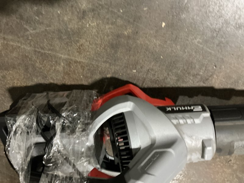 Condition photo showing As Is for missing attachments enhulk 58v cordless leaf blower, 930cfm 200mph brushless power, with 5.0ah