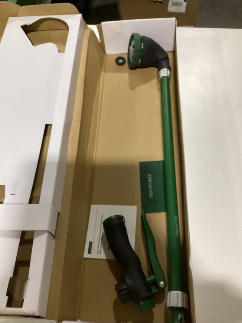 Condition photo showing As Is for H2O WORKS Heavy Duty 28 Inch Watering Wand with Pivoting Head, Adjustable Garden Hose Water Sprayer Wand with Ergonomic Handle, Spray 6 Watering Patterns, Perfect for Watering Seedling Beds, Flowers