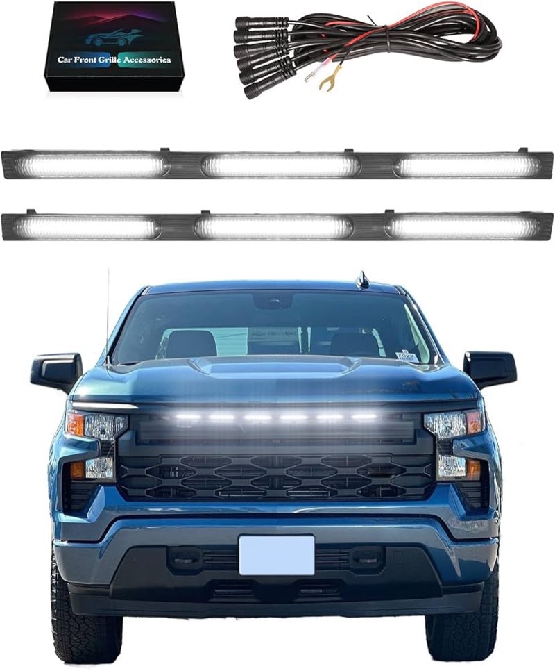 LED Front Bumper Grill Lights for Chevrolet Silverado 1500 2022-2024 2025 Raptor Marker Lights Bars fit WT Custom OEM Grille Accessories (White)