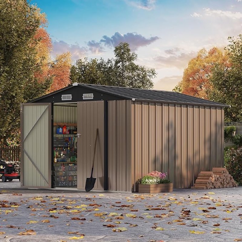 (Box 2 of 2) Patiowell 8x10 FT Outdoor Storage Shed, Large Garden Tool Metal Shed with Sloping Roof and Double Lockable Door, Outdoor Shed for Backyard Garden Patio Lawn, Brown