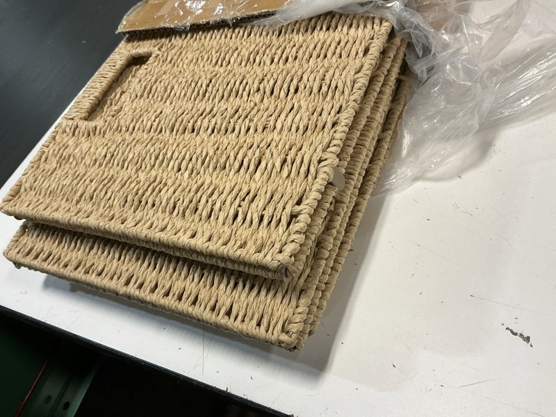 Condition photo showing Good Condition for foldable storage baskets with handles paper rope storage baskets rectangle collapsible hand woven storage cubes bins for organizing shelves living room bedroom pantry (3, 11'' x 11'' x 11'') 11'' x 11'' x 11'', set of 3 natural