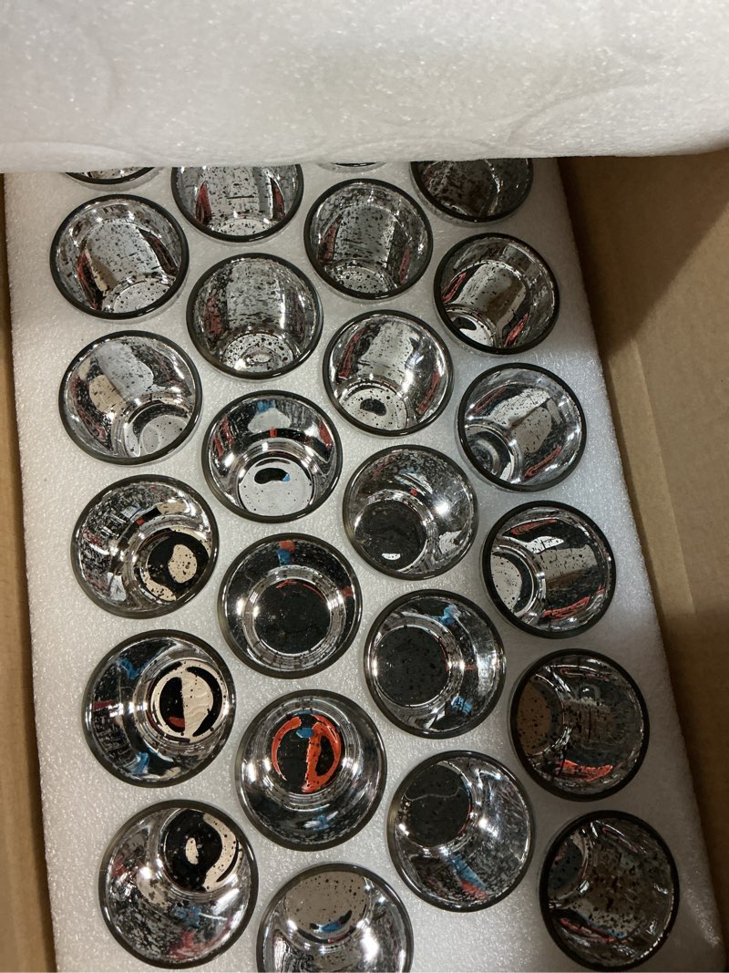 Condition photo showing New/Like New for Votive Candle Holders Set of 24, Speckled Mercury Silver Candle Holders for Wedding Centerpiece Table Decorations, Tealight Candle Holder for Party Bridal Shower Decor, Home Decor