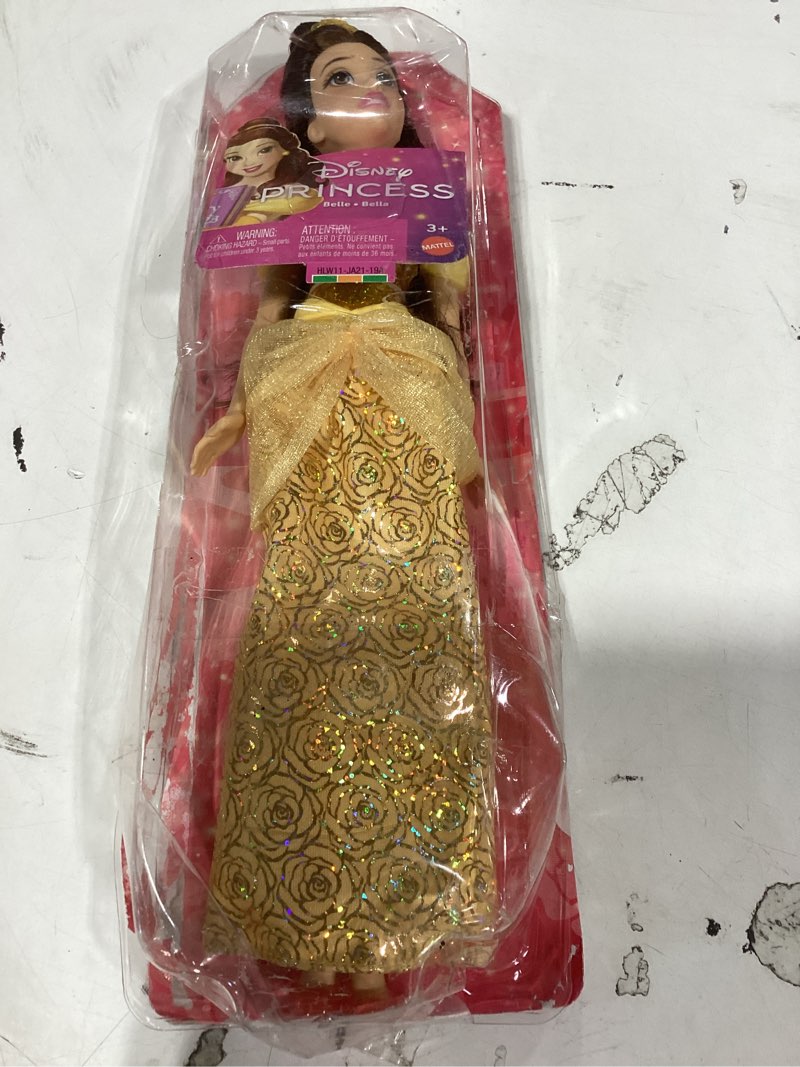 Condition photo showing New/Like New for mattel disney princess belle doll in sparkling fashion with removable skirt, tiara and shoes, posable & collectible, inspired by beauty & the beast