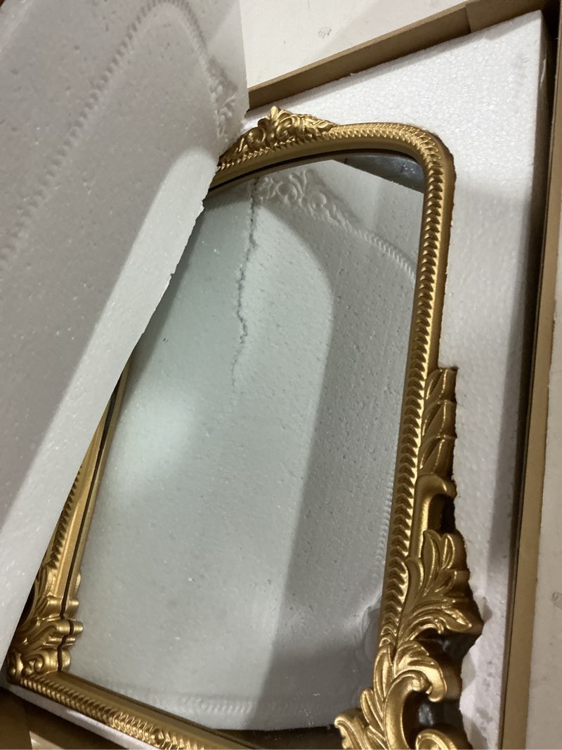 Condition photo showing Good Condition for Large Vintage Gold Table Mirror – 16" x 20" Antique Arched Design with Wooden Frame, Oversized Vanity Mirror for Bedroom, Living Room, Makeup Table