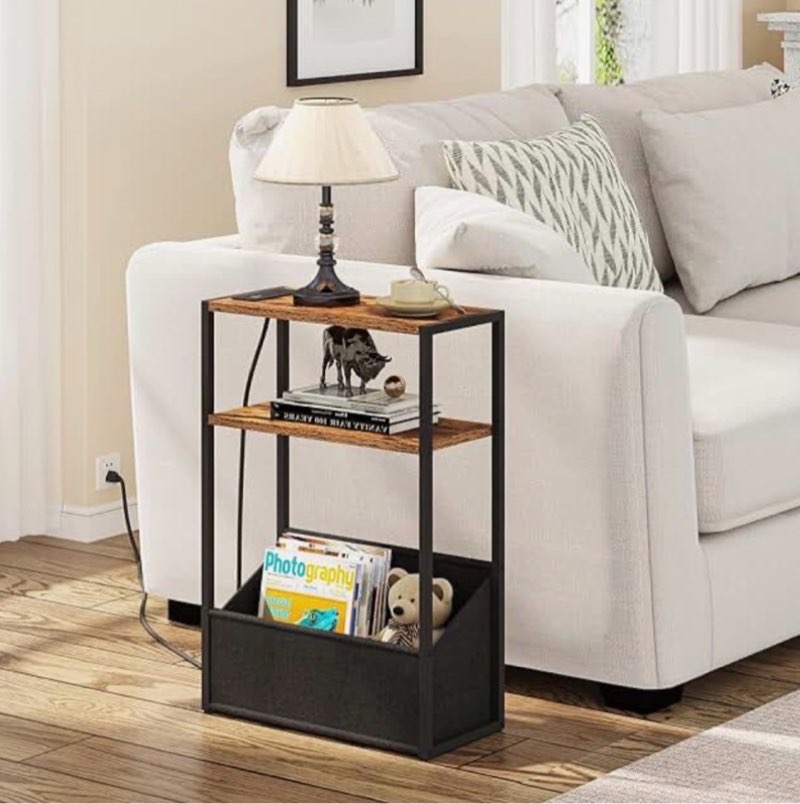 TUTOTAK Narrow Side Table, Small End Table with Charging Station, Nightstand with Fabric Basket, Bed