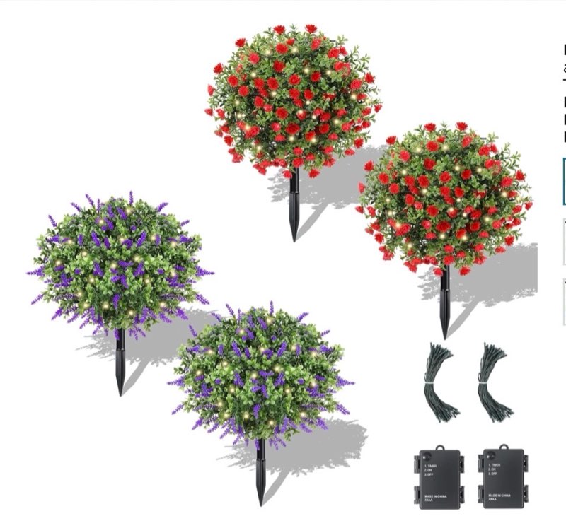 Artificial Red Flowers and Lavender Boxwood Topiary Ball with LED Lights,23.6'' Artificial Shrub Bushes with Ground Spike,UV Resistant Faux Greenery Shrubs,Fake Plants for Indoor Outdoor Garde