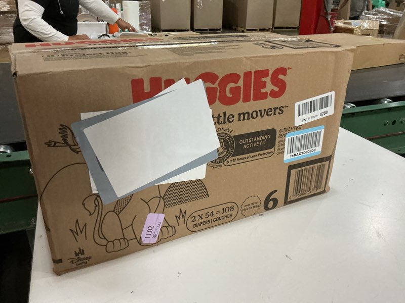 Condition photo showing New/Like New for huggies size 6 diapers, little movers baby diapers, size 6 (35+ lbs), 108 count (2 packs of 54), packaging may vary