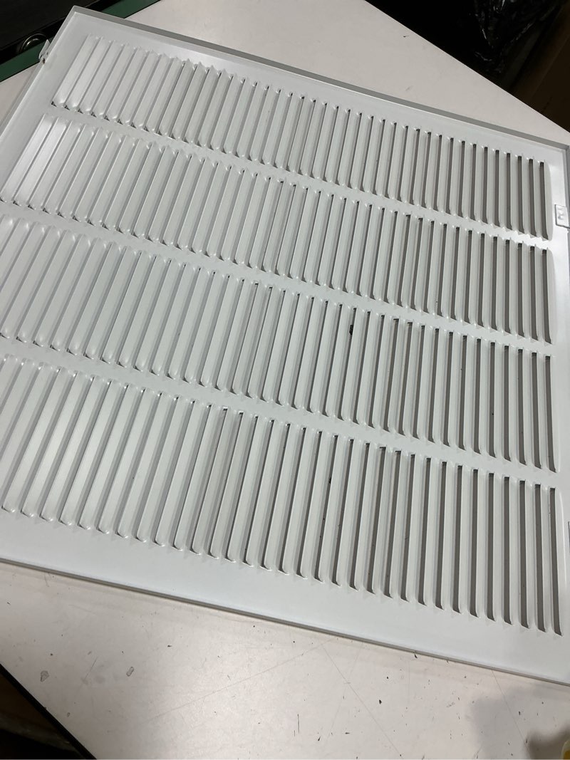 Condition photo showing As Is for cover 10x10 inch (outer dimensions) white galvanized steel louvered grill cover with mesh screen/wall or ceiling vent/hvac register for indoor and outdoor ventilation