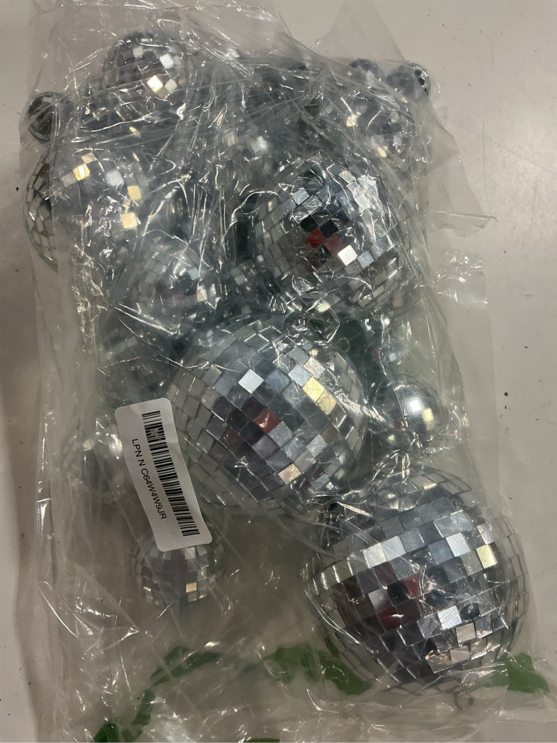 Condition photo showing Good Condition for 54 pcs mini silver disco balls - hanging mirror ornaments for party, wedding, christmas supplies 1.2 inch, 2 inch, 3.2 inch, 4 inch
