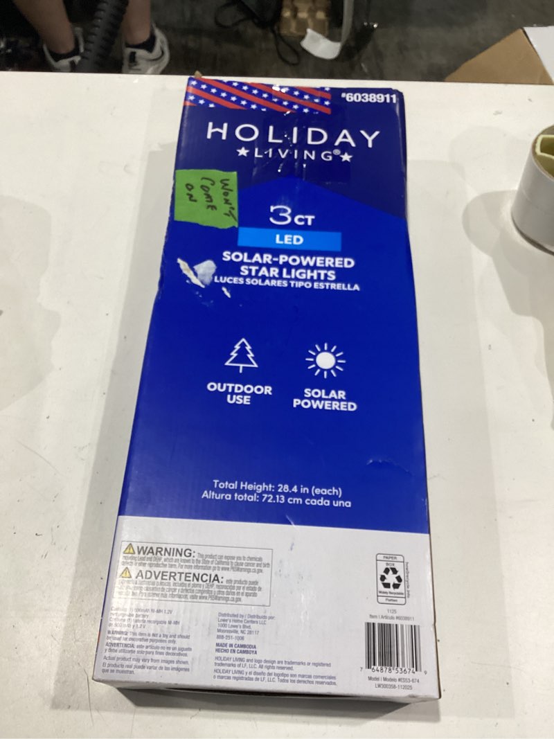 Condition photo showing As Is for holiday living 3-piece outdoor patriotic solar powered star pathway lights