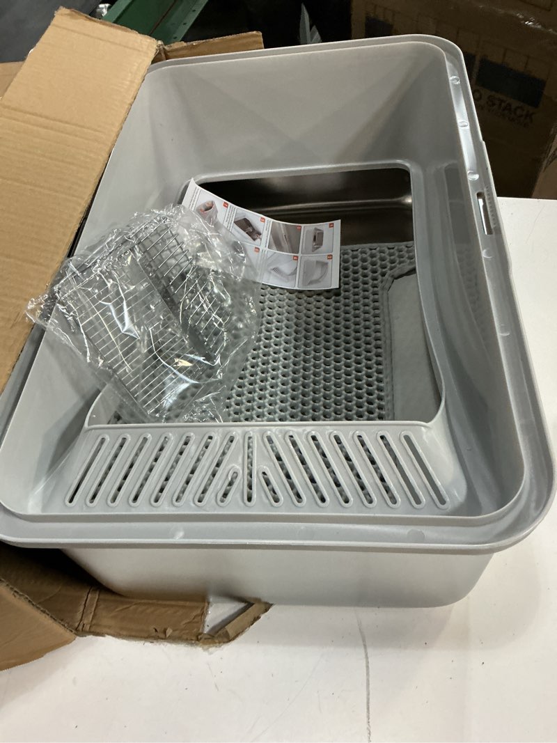 Condition photo showing Good Condition for stainless steel litter box | xxl deepened 8" design enclosed box with lid for big cats | high sided, anti-urine leakage | non-stick bottom & includes litter mat & metal scoop xx-large silver gray
