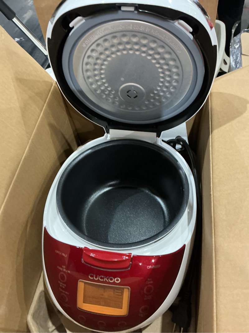 Condition photo showing Good Condition for cuckoo micom rice cooker 6 cup uncooked / 12 cup cooked, fuzzy logic rice maker with delay timer & keep warm setting, versatile food steamer for cooking, non-stick inner pot, red (cr-0655f)