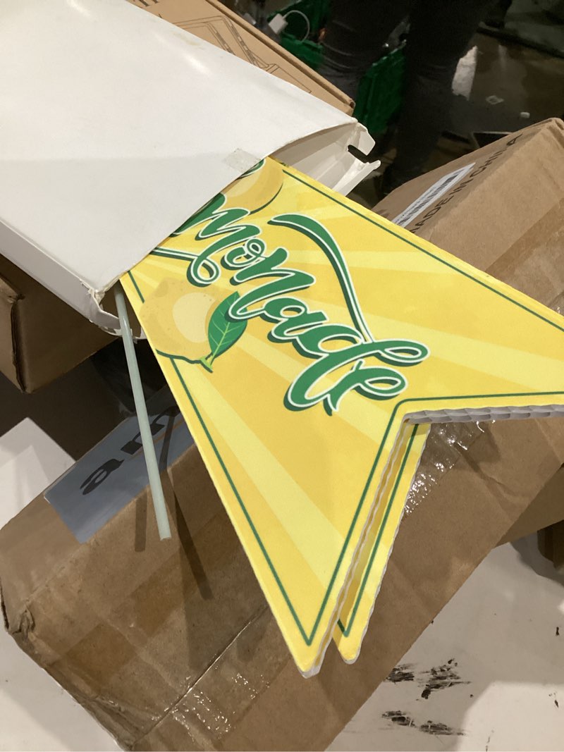 Condition photo showing As Is for 3 pack lemonade stand arrow signs 5.5x14.5 inch summer lemonade yard sign double sided lemonade stand decor yard sign for kids child outdoor advertising business store offices open houses party decor 3pcs