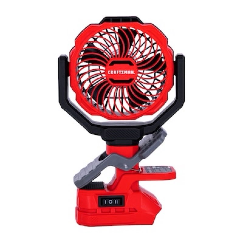 craftsman 4-in indoor desk fan, battery powered, in red and black