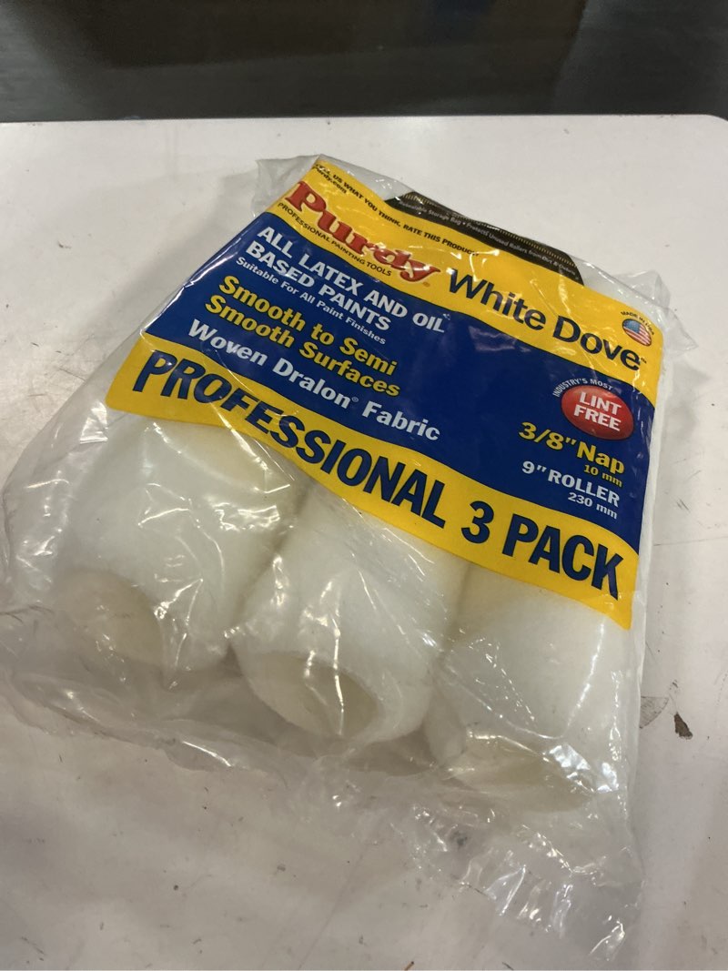 Condition photo showing As Is for purdy white dove woven fabric 9 in. w x 3/8 in. paint roller cover 3 pk