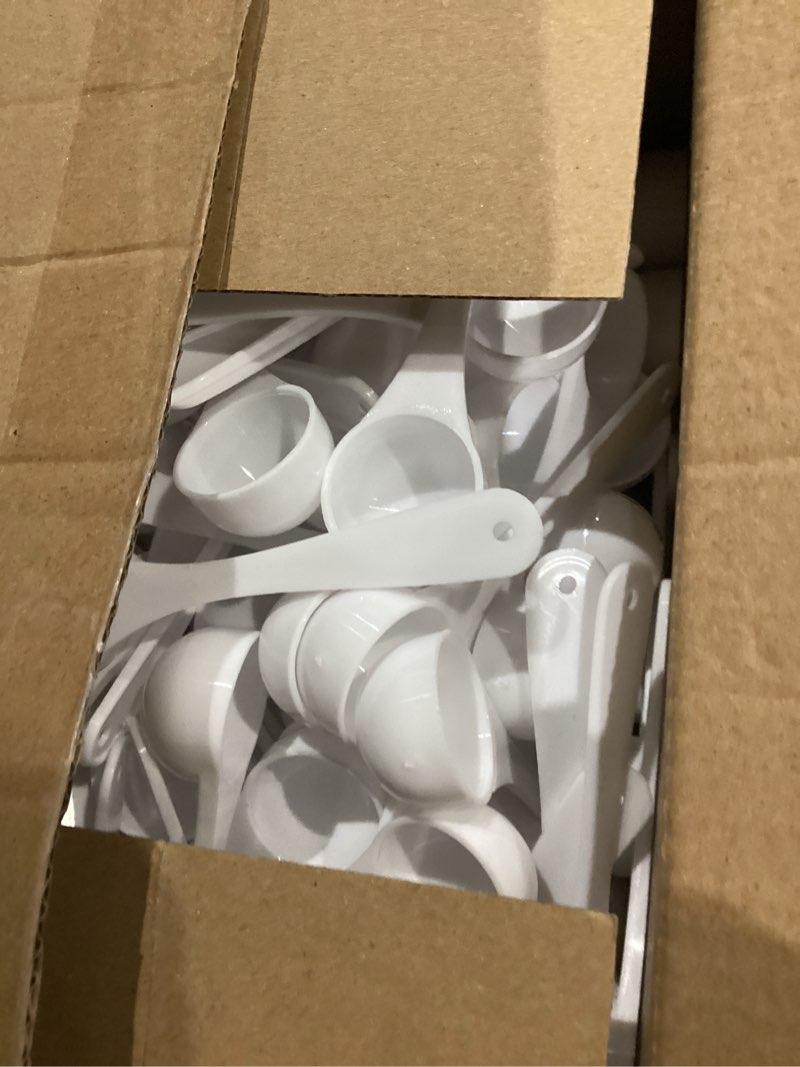 Condition photo showing As Is for Maxdot 200 Pcs Teaspoon Measuring Spoons Bulk Reusable Plastic Scoop Measuring Spoons Long Handle Plastic Scoop for Cosmetics Coffee Sugar Spices Protein((5 ml / 5 cc/ 1 Tsp)