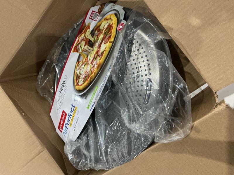 Condition photo showing As Is for goodcook airperfect insulated nonstick carbon steel pizza pan with cutting guides, perforated nonstick pizza pan, 15.75-inch, gray gray 16-inch