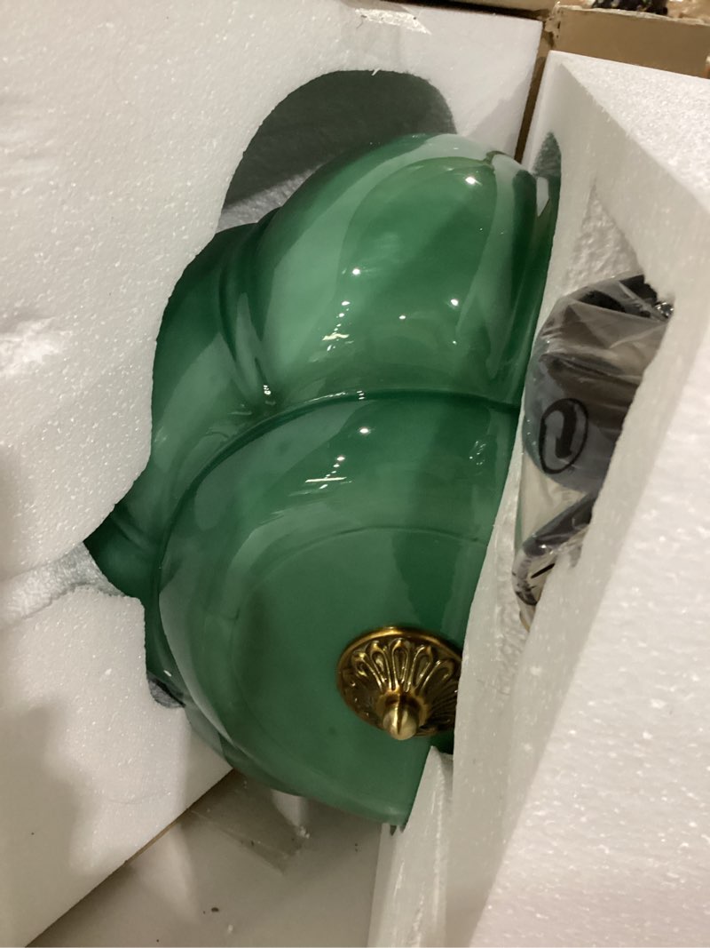 Condition photo showing Good Condition for green milk glass ceiling light fixture, 15" semi flush mount pendant light with antique brass finish, schoolhouse light fixture - antique chandelier for kitchen, hallway, dining room green/antique-brass-38cm 15"