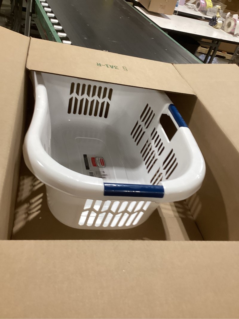 Condition photo showing Good Condition for rubbermaid large hip-hugger laundry basket/hamper, 1.5-bushel, white, stackable storage bin/organizer for bathroom/bedroom/dorm/home 1.5 bushel large hip hug basket