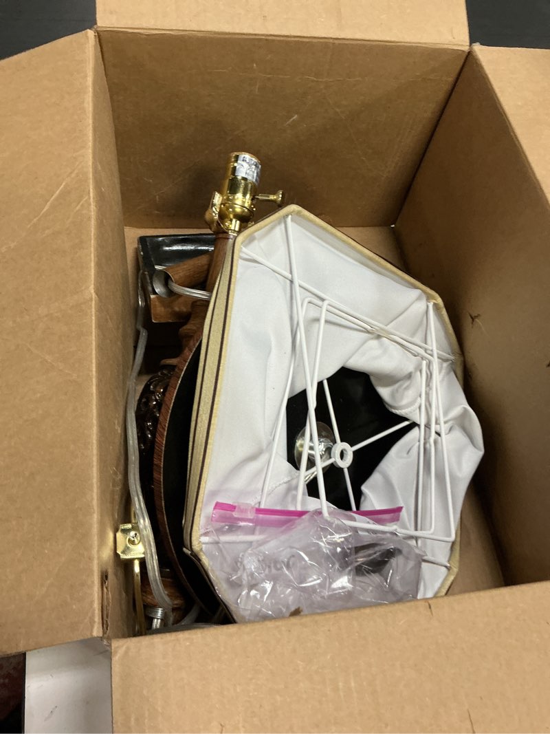 Condition photo showing As Is for 65" High Vintage Floor Lamp with Night Light and Glass Tray, Farmhouse Standing Lamp with Beige Faux Silk Shade, Retro Rustic Tall Lamp Decor for Living Room, Bedroom, Bedside, Corner (Bulb Included) Bronze-with Tray