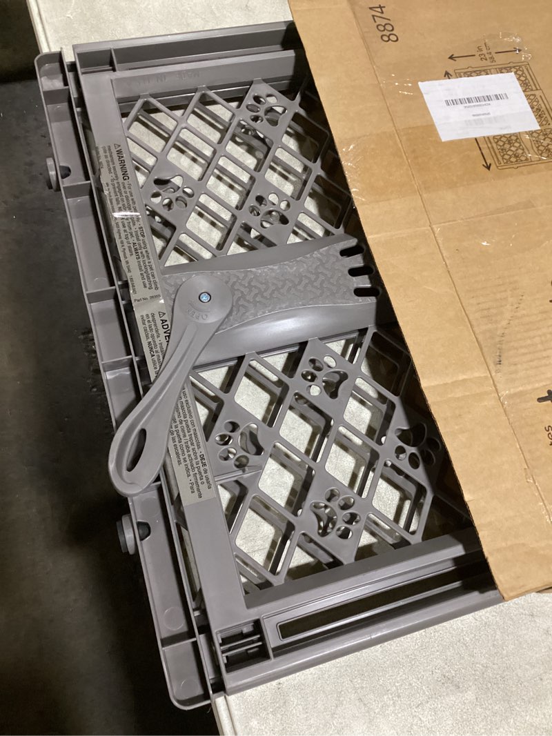 Condition photo showing Good Condition for mypet paws portable pet gate: 26-40" wide expandable, pressure mounted no tools needed, durable dog gate for doorways, made in usa, 23" tall, fieldstone gray