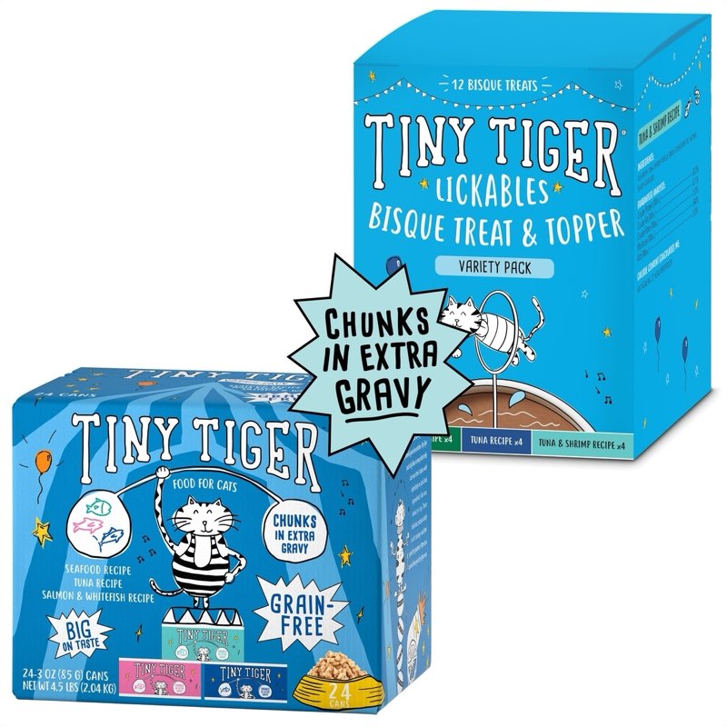 Bundle: Tiny Tiger Chunks in EXTRA Gravy Seafood Variety Pack Canned Food + Lickables Variety Pack Bisque Cat Treat & Topper(BIDDING ON 4 packages) 