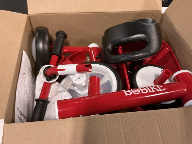 Condition photo showing As Is for bobike toddler tricycle for ages 2-5 years, tricycle with 2 led light wheels, toddler bike with 3-position seat and rear basket, kids bike gift for boys & girl (red)