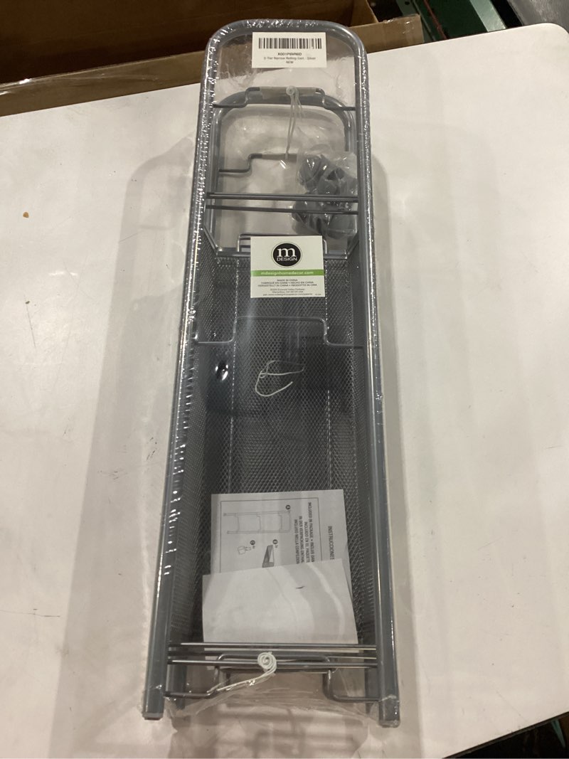 Condition photo showing New/Like New for mDesign Steel Rolling Utility Cart Storage Organizer Trolley with 3 Basket Shelves for Laundry Room, Mudroom, Garage, Bathroom Organization - Holds Detergents, Hand Soap - Biro Collection, Silver