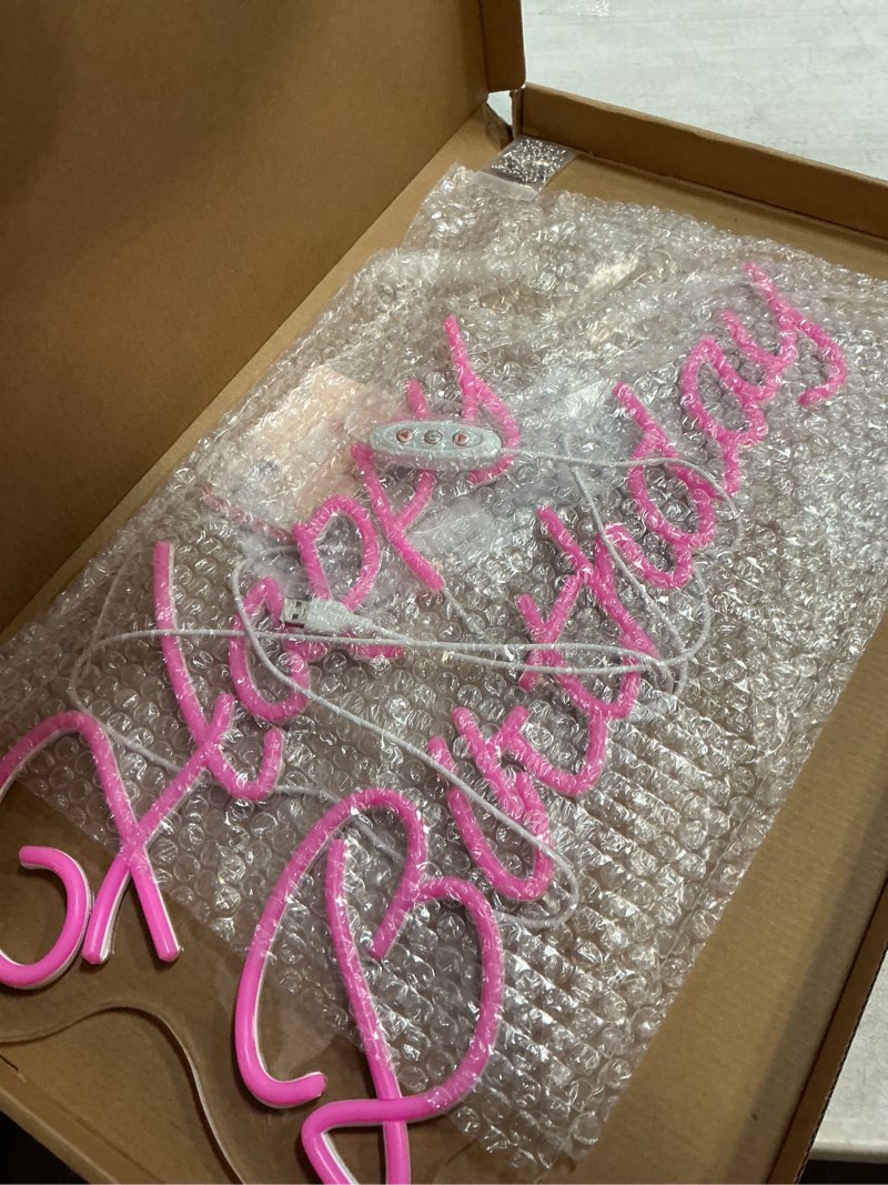 Condition photo showing As Is for Happy Birthday Neon Sign 20 Inch Reusable Happy Birthday LED Light Up Sign with Dimmable ON/OFF Switch for Birthday Party Backdrop Decoration and Wall Decor and Birthday Gifts Pink 20 Inch