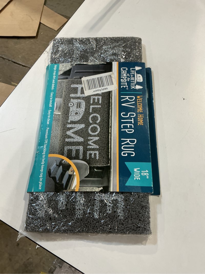Condition photo showing New/Like New for camco life is better at the campsite camper/rv wrap around step rug - easy clean material w/”welcome home” design - no tools required - fits 18” (w) steps - works w/manual or electric steps (53196) 1" x 1" (rectangular)