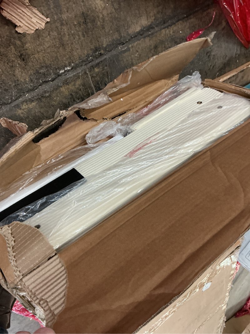 Condition photo showing As Is for (Incomplete) IDEALHOUSE King Size Corduroy Upholstered Bed Frame, Platform Bed with 51\" Tall Vertical Stripe Wing