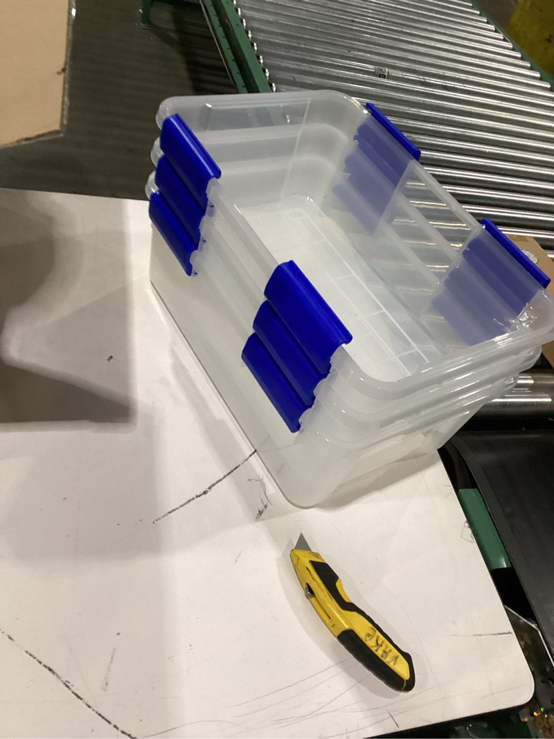 Condition photo showing As Is for (No lids) IRIS USA WeatherPro 16 Qt Storage Bins with Lids, 3 Pack, BPA-Free Plastic Gasket Box with Tight Latch and Seal, Stackable Nestable Tote Tub - Clear/Blue 16 Qt. - 3 Pack